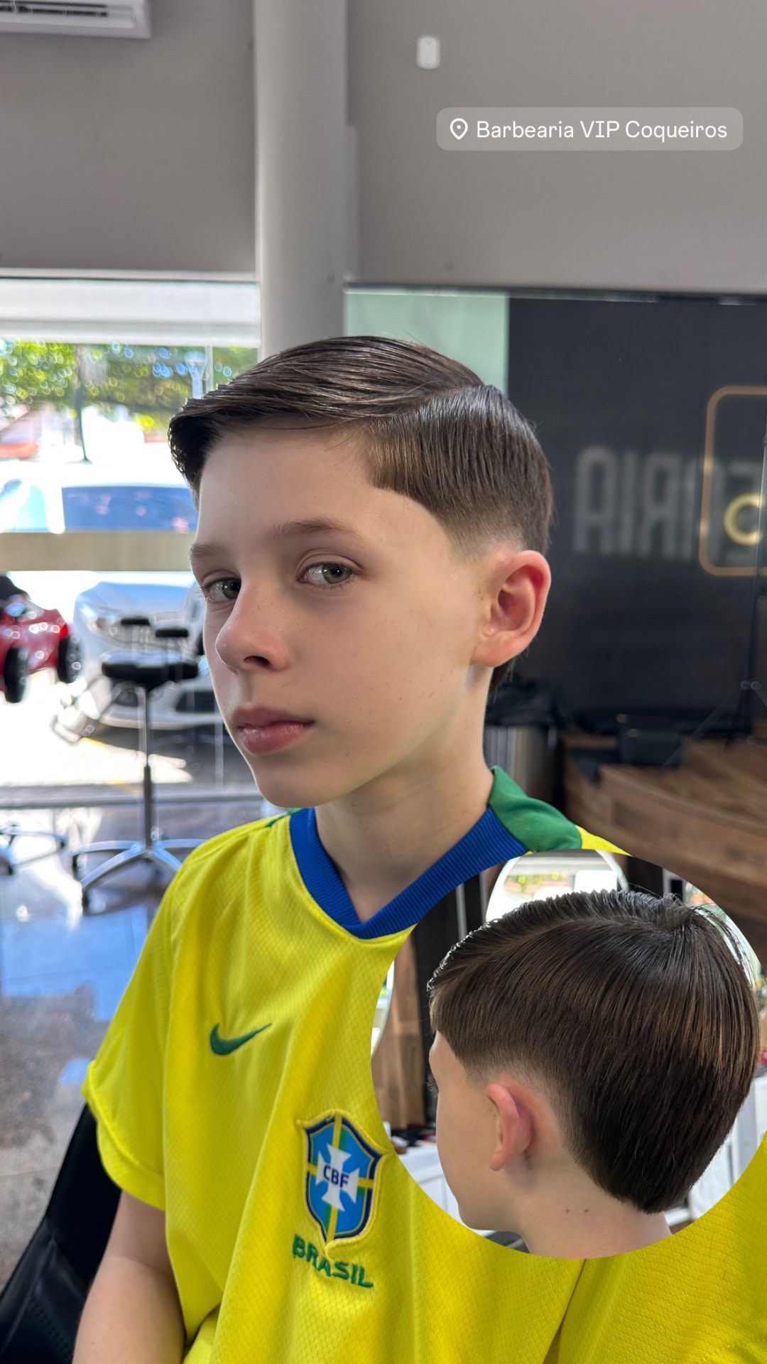 Corte infantil com degradê nas laterais, visto de frente e de trás